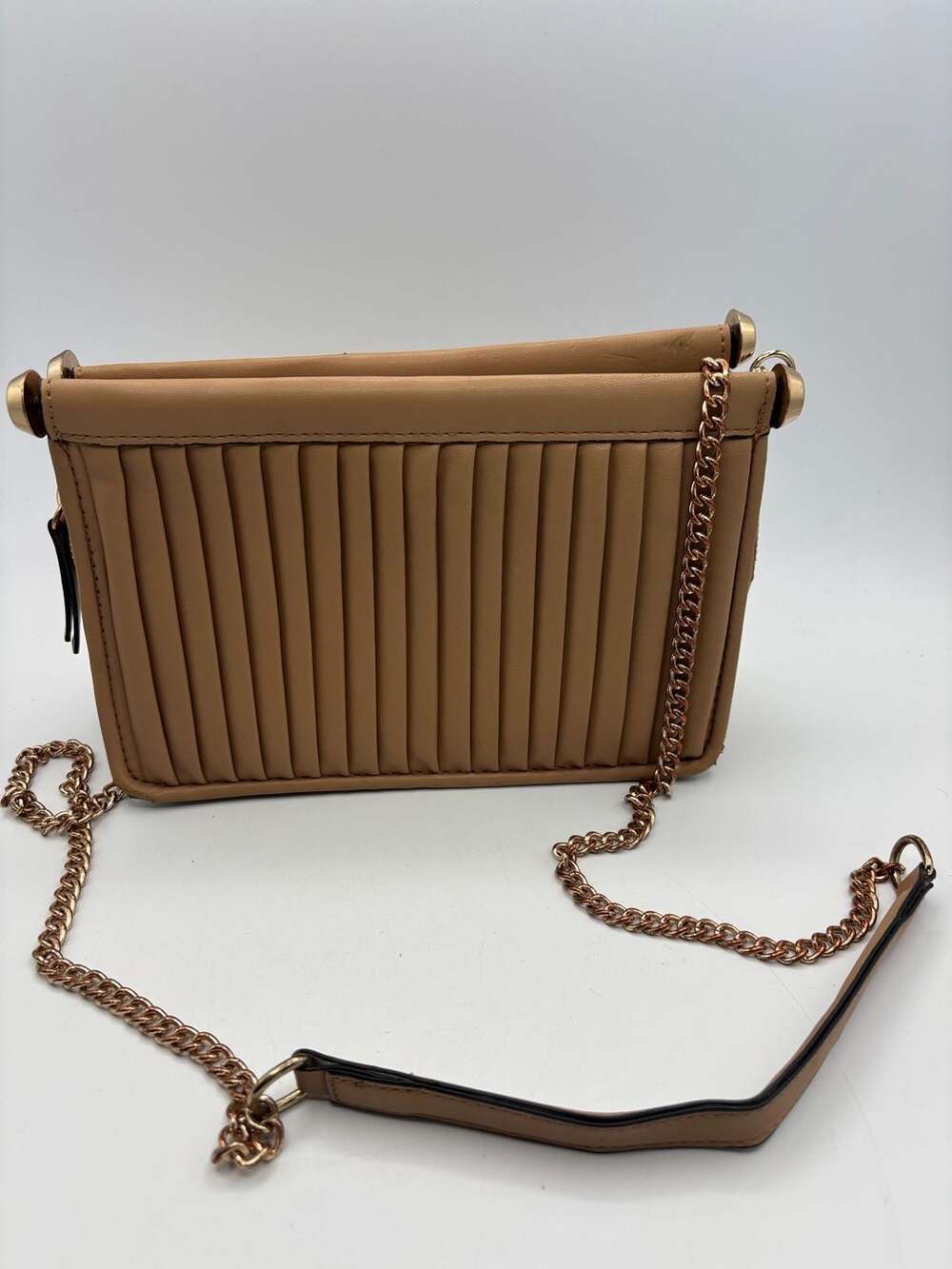 Alfani Tan Vertical Quilted Faux Leather Crossbody Handbag with Chain Strap